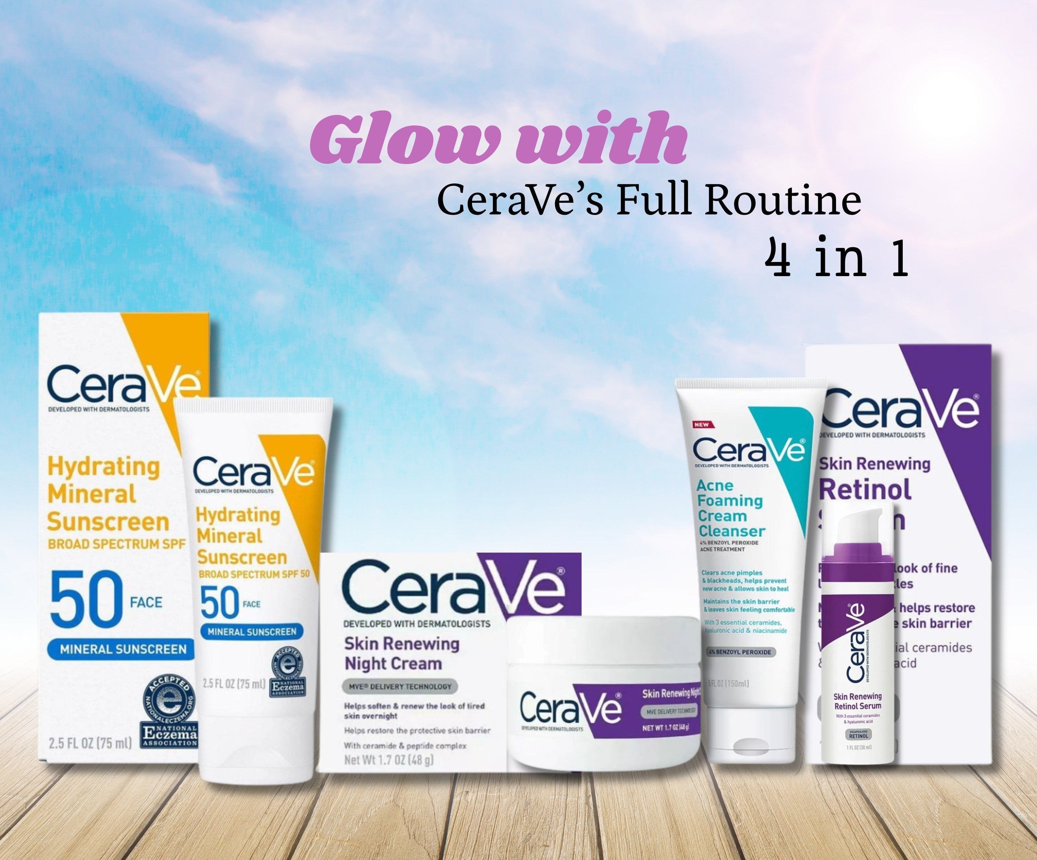 CeraVe 4-in-1 Skincare Kit: Night Cream, Sunblock, Cleanser & Serum for Radiant Skin